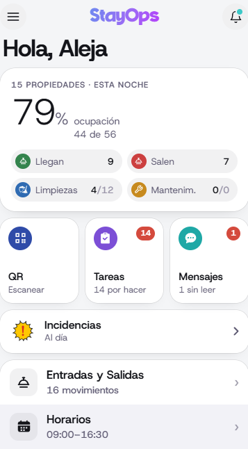 App móvil de StayOps para el equipo operativo: ocupación, tareas, incidencias y horarios